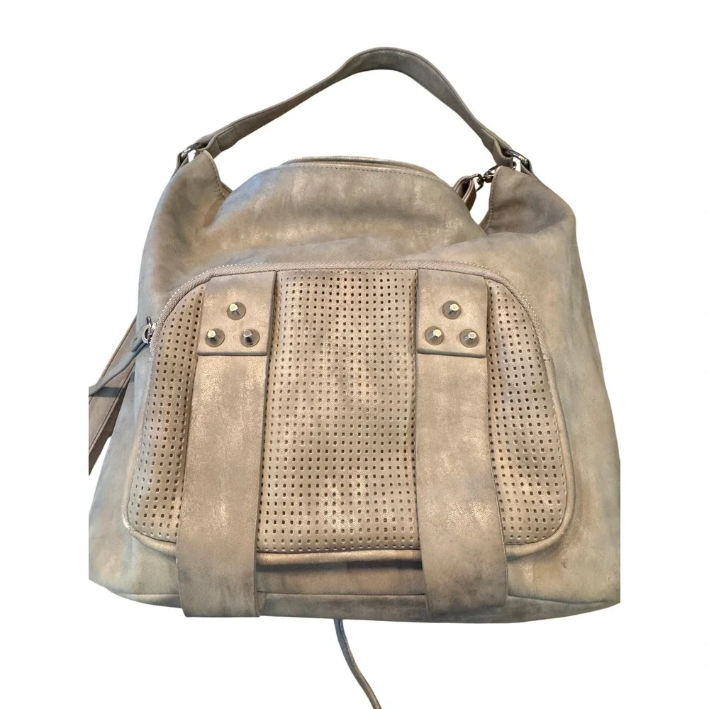 She & Lo Next Chapter Gray Faux Leather Shoulder Studded Detail Hobo Crossbody